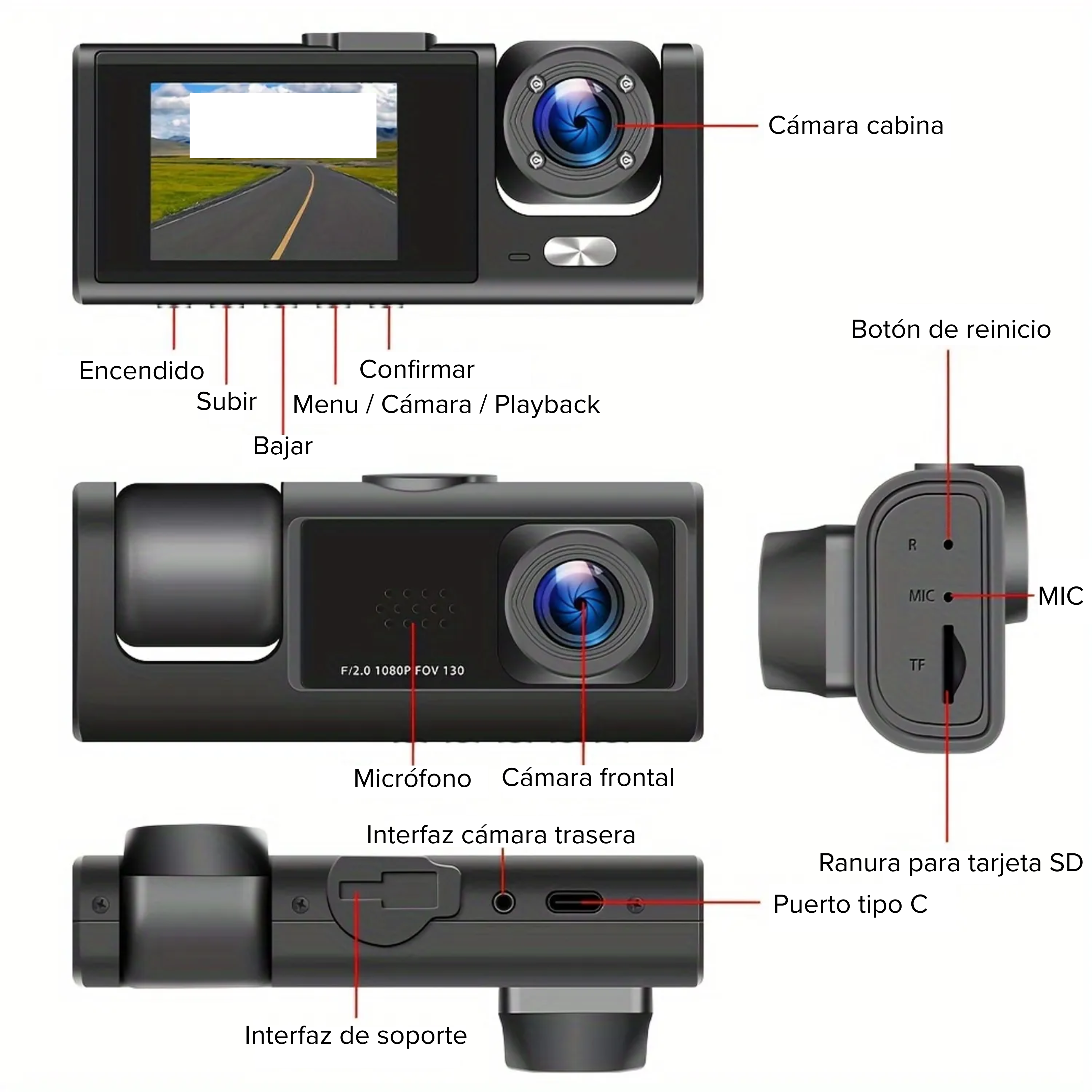 Cámara para auto Interior + Frontal - Full HD + Cámara Retroceso de REGALO